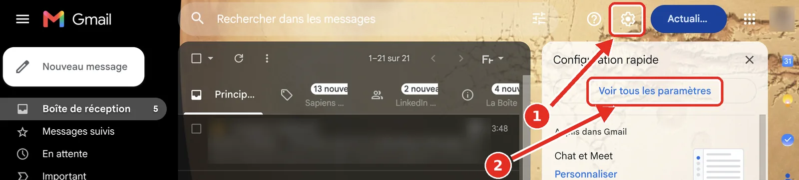 Gmail : roue dentée puis bouton Voir tous les paramètres
