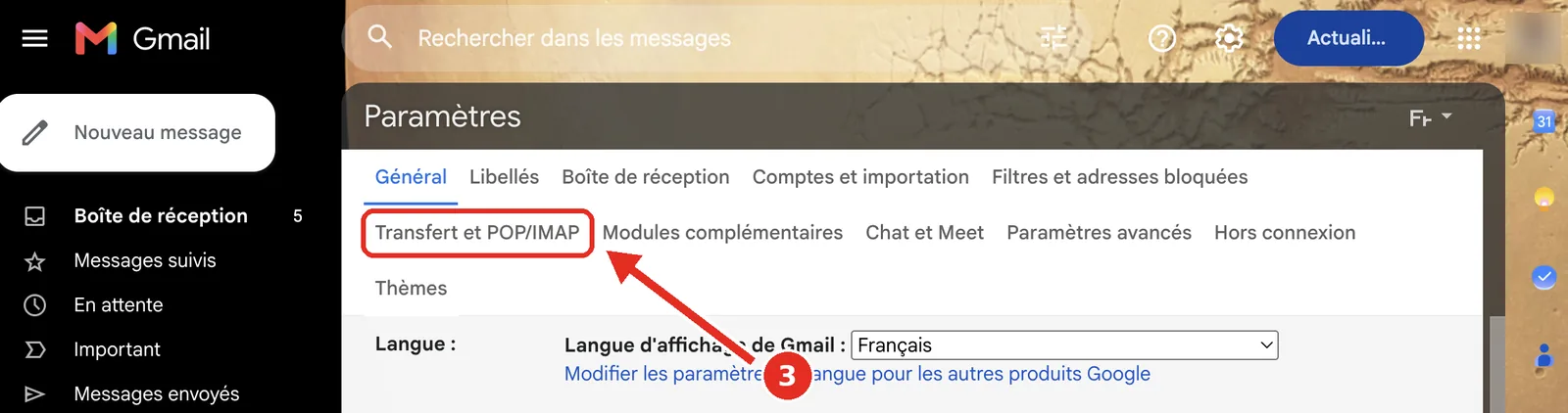 Paramètres Gmail : onglet Transfert et POP/IMAP