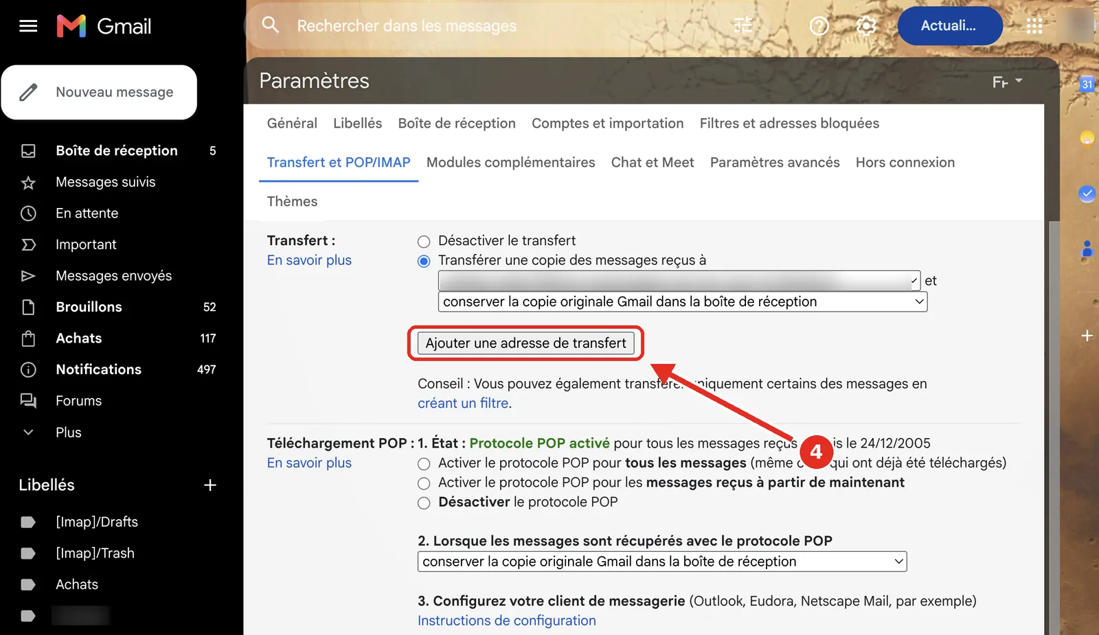 Gmail : bouton Ajouter une adresse de transfert