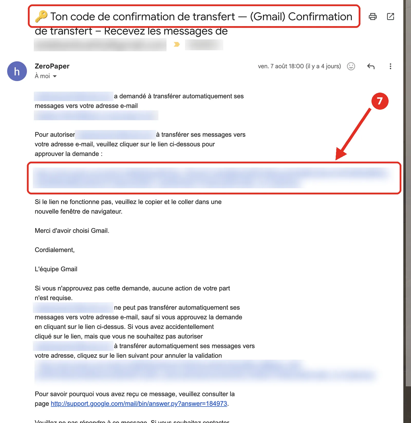 Email de confirmation de transfert Gmail relayé par ZeroPaper dans la boîte de réception