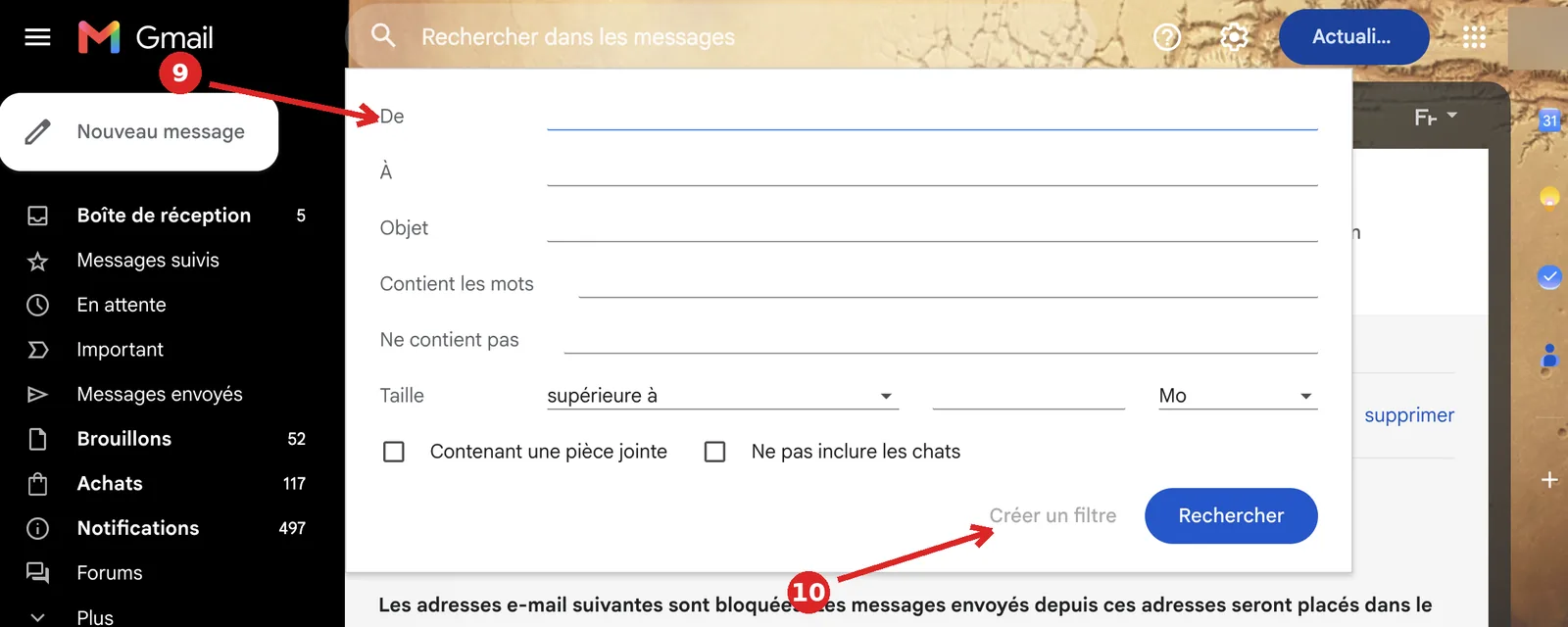 Gmail : panneau de recherche, champ De et bouton Créer un filtre